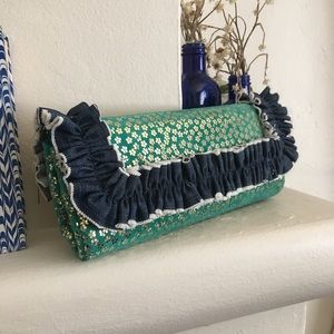 Suede and Denim ruffle clutch NWOT